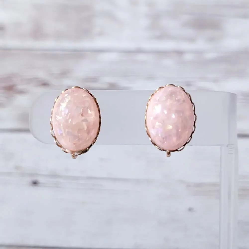 Vintage Screw Back Earrings - Light Pink with Iridescent Flakes Domed Oval 0.75"